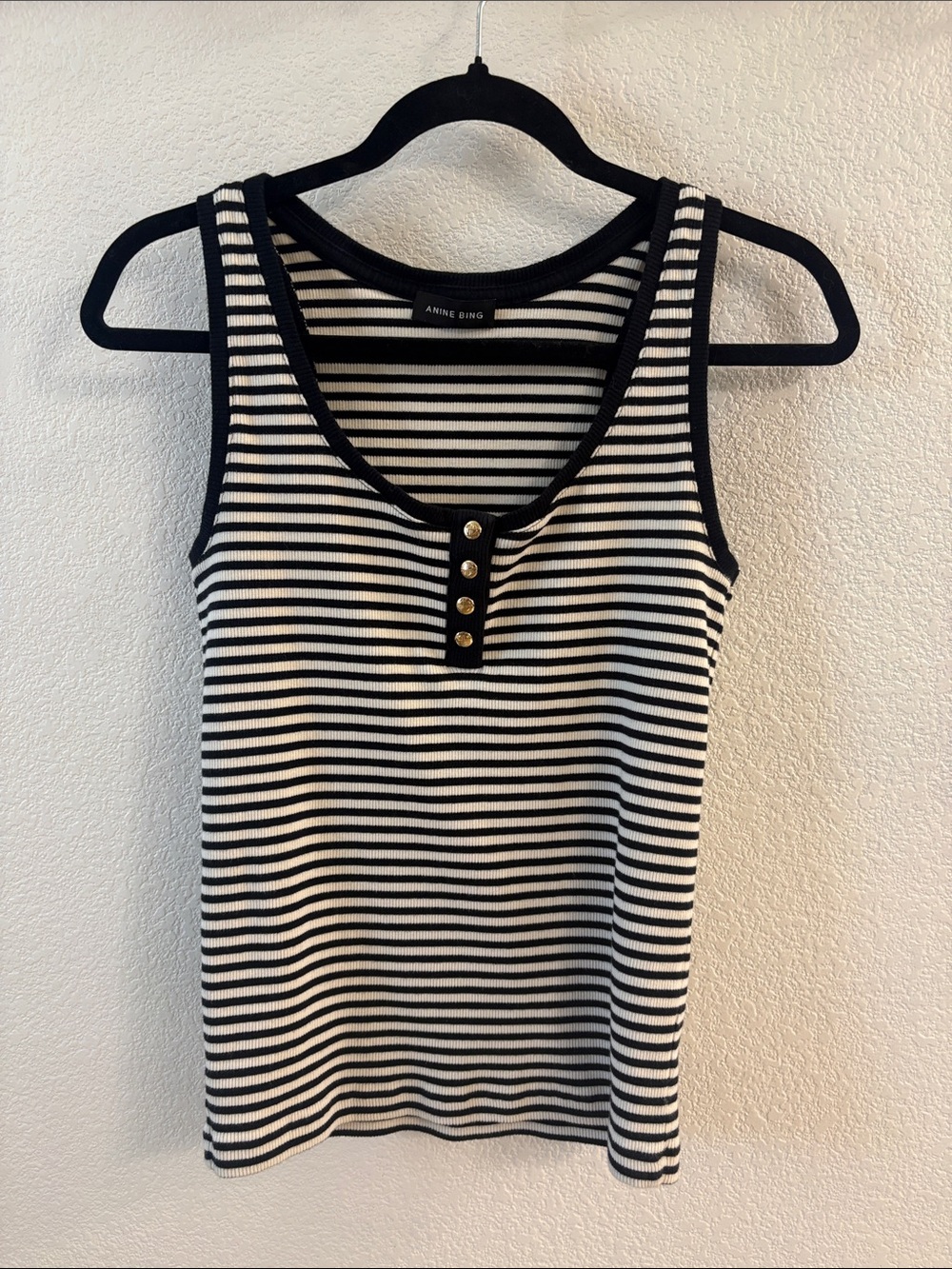 Anine Bing Black and White Striped Ribbed Tank with Gold Buttons